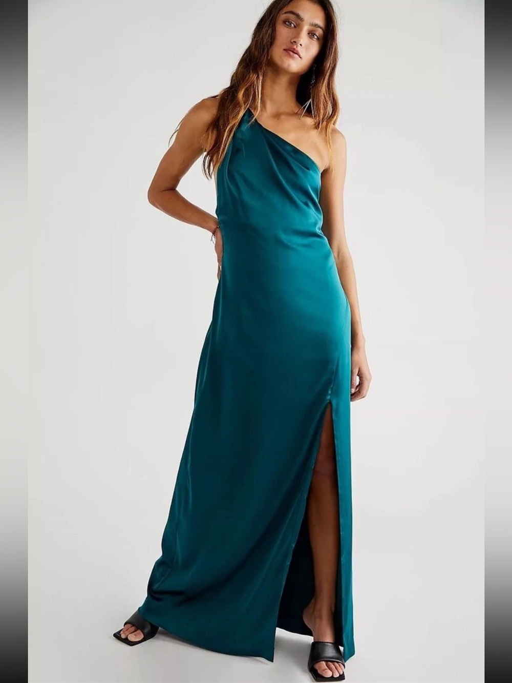 Free People Teal One-Shoulder Satin Maxi Dress with Front Slit - Picture 5 of 8